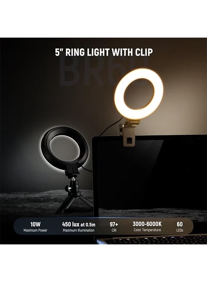 NEEWER Basic 5" Ring Light for Video Conference Lighting, Clip on Light Kit with Desk Tripod for Monitor Laptop Computer Zoom Call Live Streaming Remote Working Learning Video Recording, BR60 - Image 2